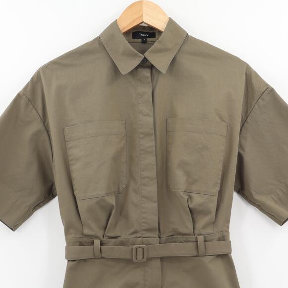 Theory Women's Willow Green Soft Chino Short Sleeve Belted Shirt Dress Sz 2 - Picture 3 of 7
